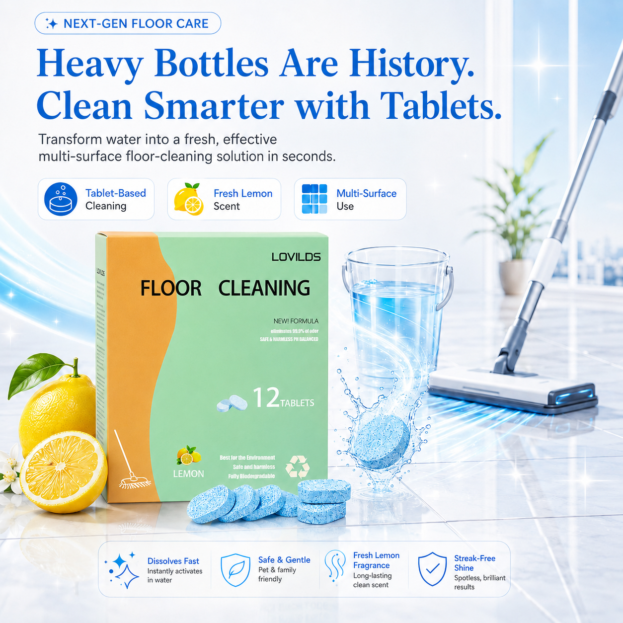 Floor Cleaning Tablets - Safe for Wood Tile Marble Quick Dry No Residue 12 Tablets Lemon Scent