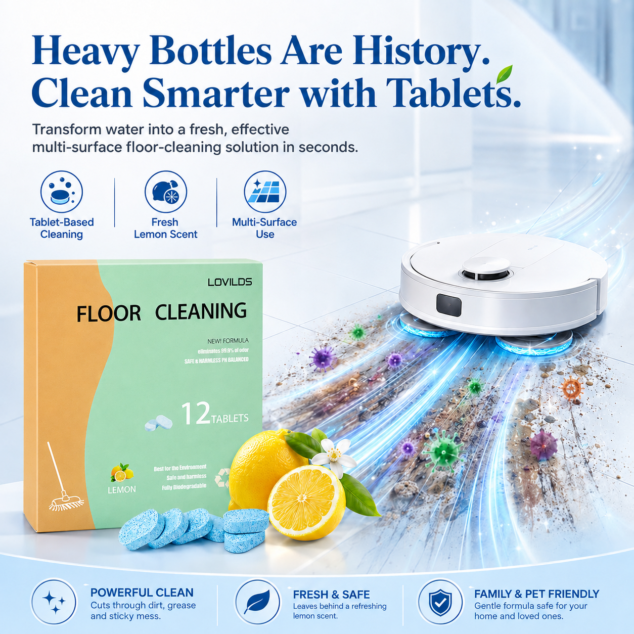 Floor Cleaning Tablets - Safe for Wood Tile Marble Quick Dry No Residue 12 Tablets Lemon Scent