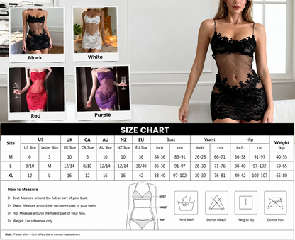 🔥🔥Women’s Black Lace Lingerie Set – Sheer Mesh Mini Chemise with Floral Lace
