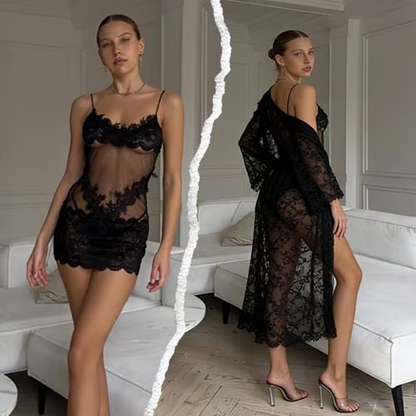🔥🔥Women’s Black Lace Lingerie Set – Sheer Mesh Mini Chemise with Floral Lace
