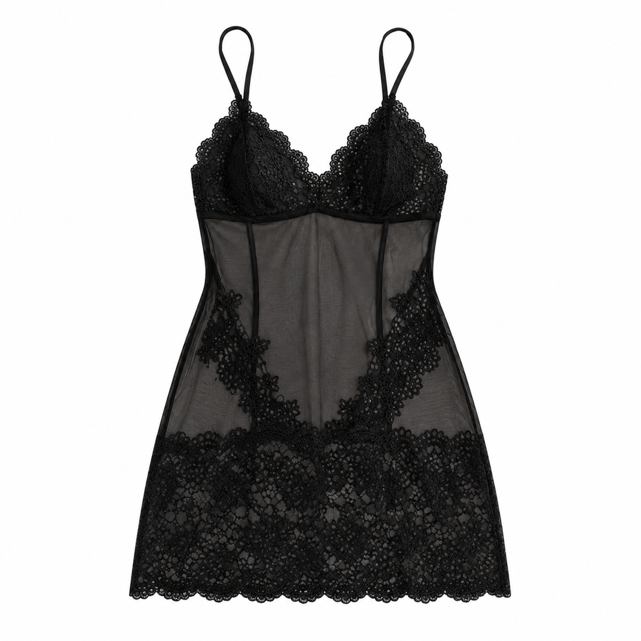 🔥🔥Women’s Black Lace Lingerie Set – Sheer Mesh Mini Chemise with Floral Lace