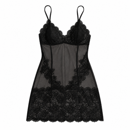 🔥🔥Women’s Black Lace Lingerie Set – Sheer Mesh Mini Chemise with Floral Lace