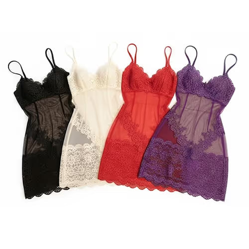 🔥🔥Women’s Black Lace Lingerie Set – Sheer Mesh Mini Chemise with Floral Lace